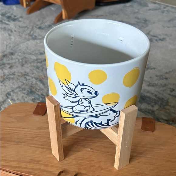 Disney Other - Disney Stitch Yellow Polka Dot Ceramic Planter with wooden holder 6”pot